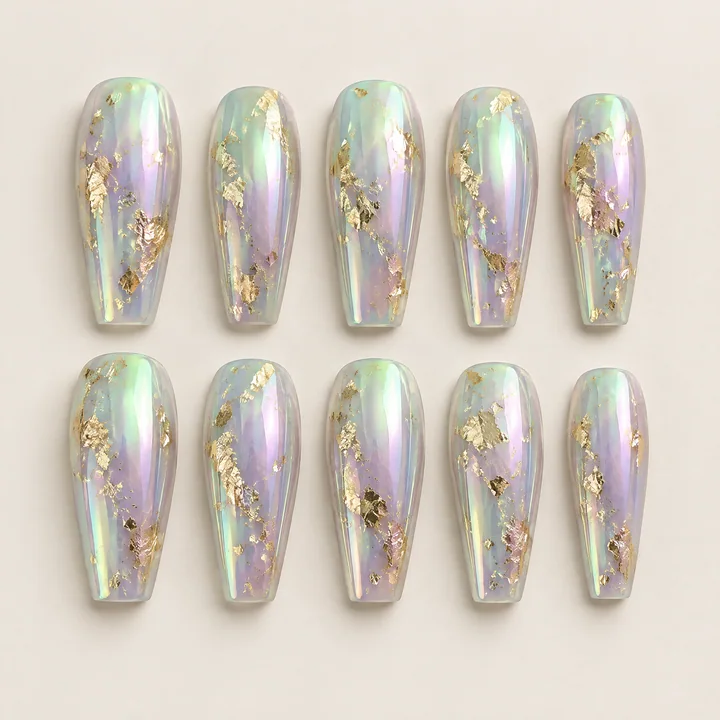 Aurora & gold foil press-on nail design illustration