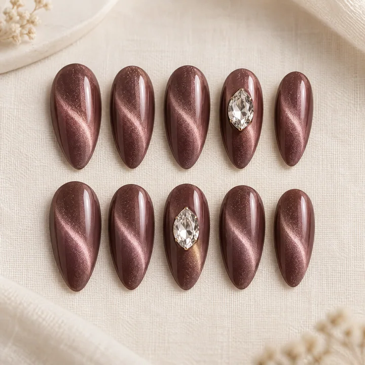 Cat-eye & crystal press-on nail design illustration
