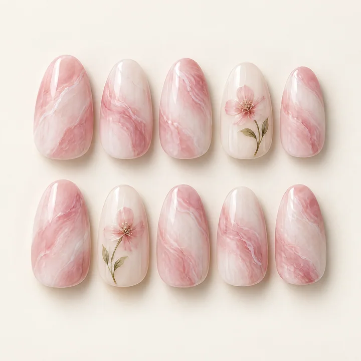 Marble & floral press-on nail design illustration