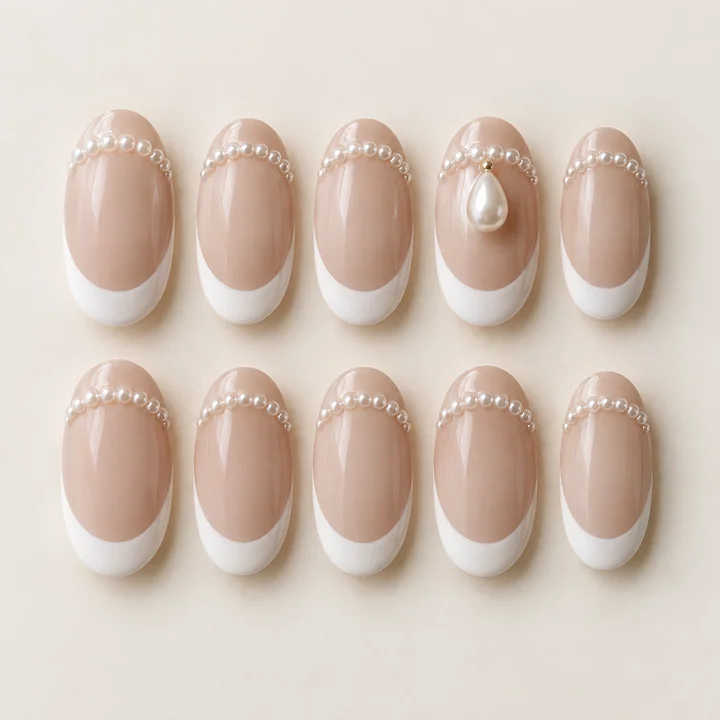 Pearl French press-on nail design illustration